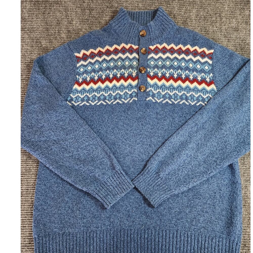IZOD Men's XL Blue Nordic Fair Isle Mock Neck 4-Button Pullover Sweater